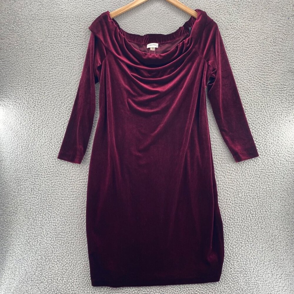 Calvin Klein Dress Womens 16 Burgundy Velveteen Off Shoulder Long Sleeve Knee